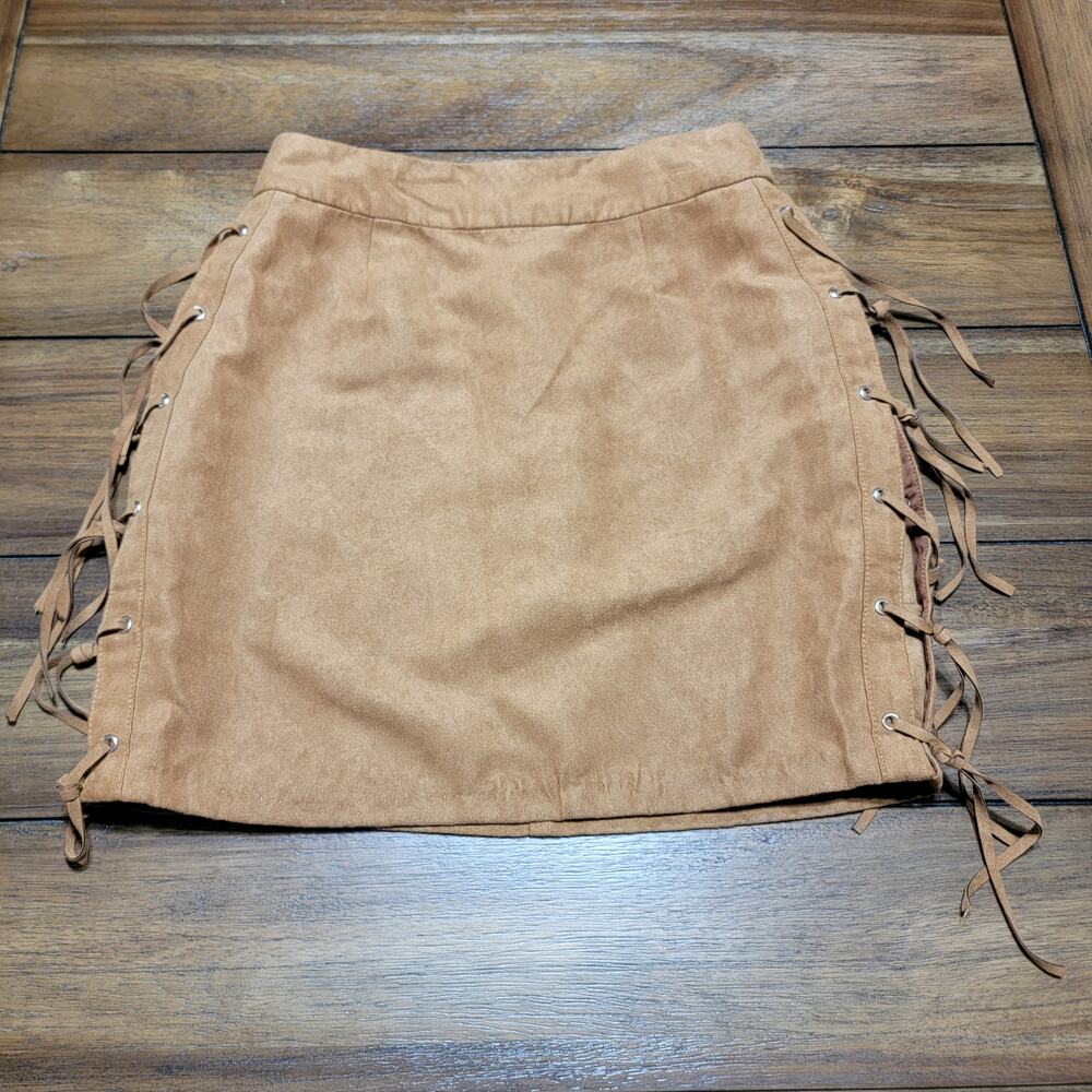 Charlotte Russe Brown Faux Suede Mini Skirt w/ Side Fringe - Size Small